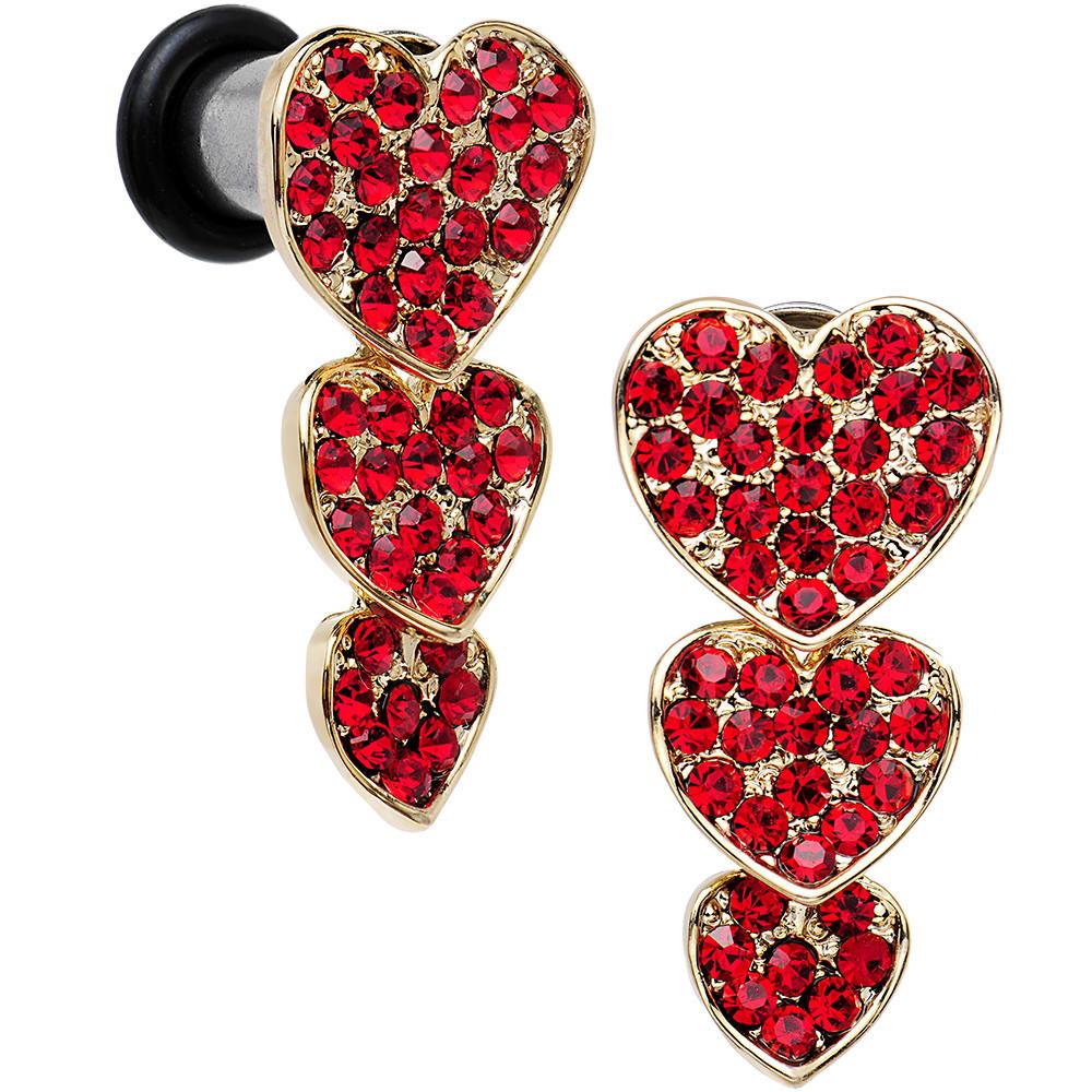 Red Gem Steel Triple Heart Single Flare Dangle Plug Set Sizes 5mm to 00 Gauge