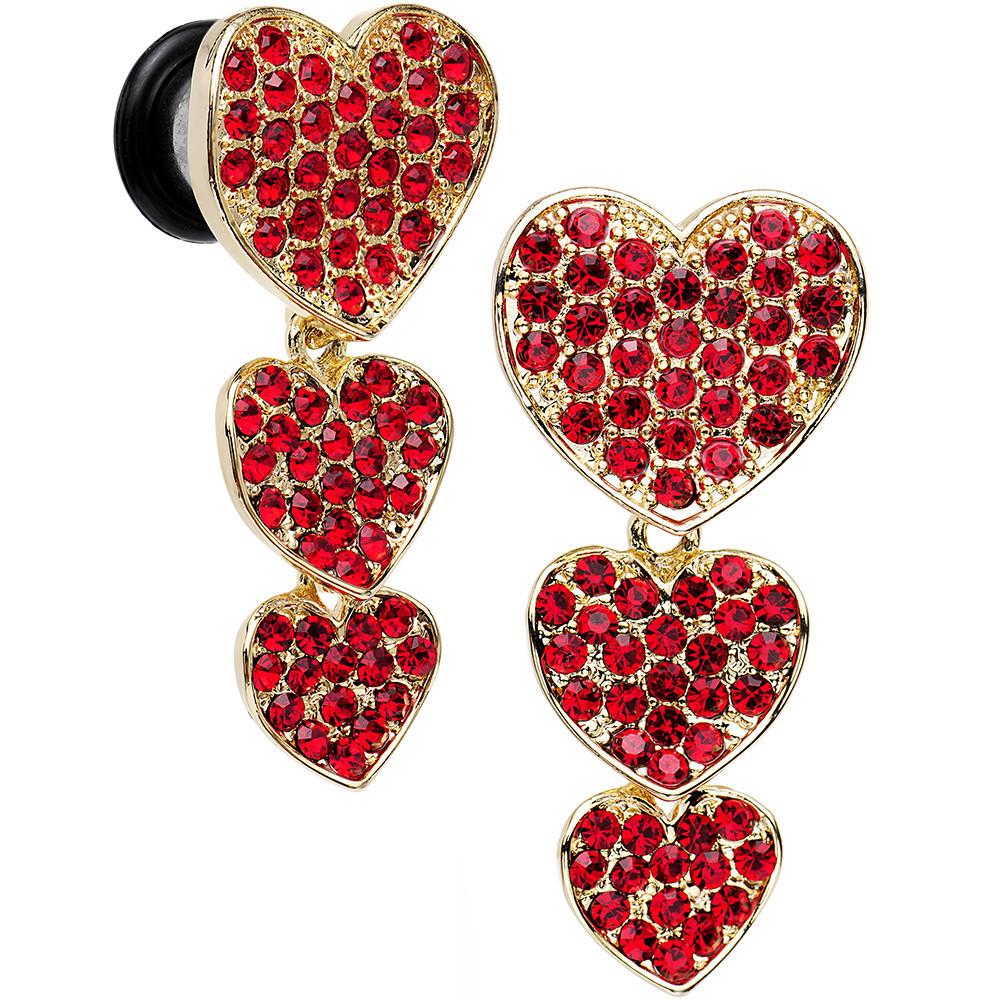 Red Gem Steel Triple Heart Single Flare Dangle Plug Set Sizes 5mm to 00 Gauge