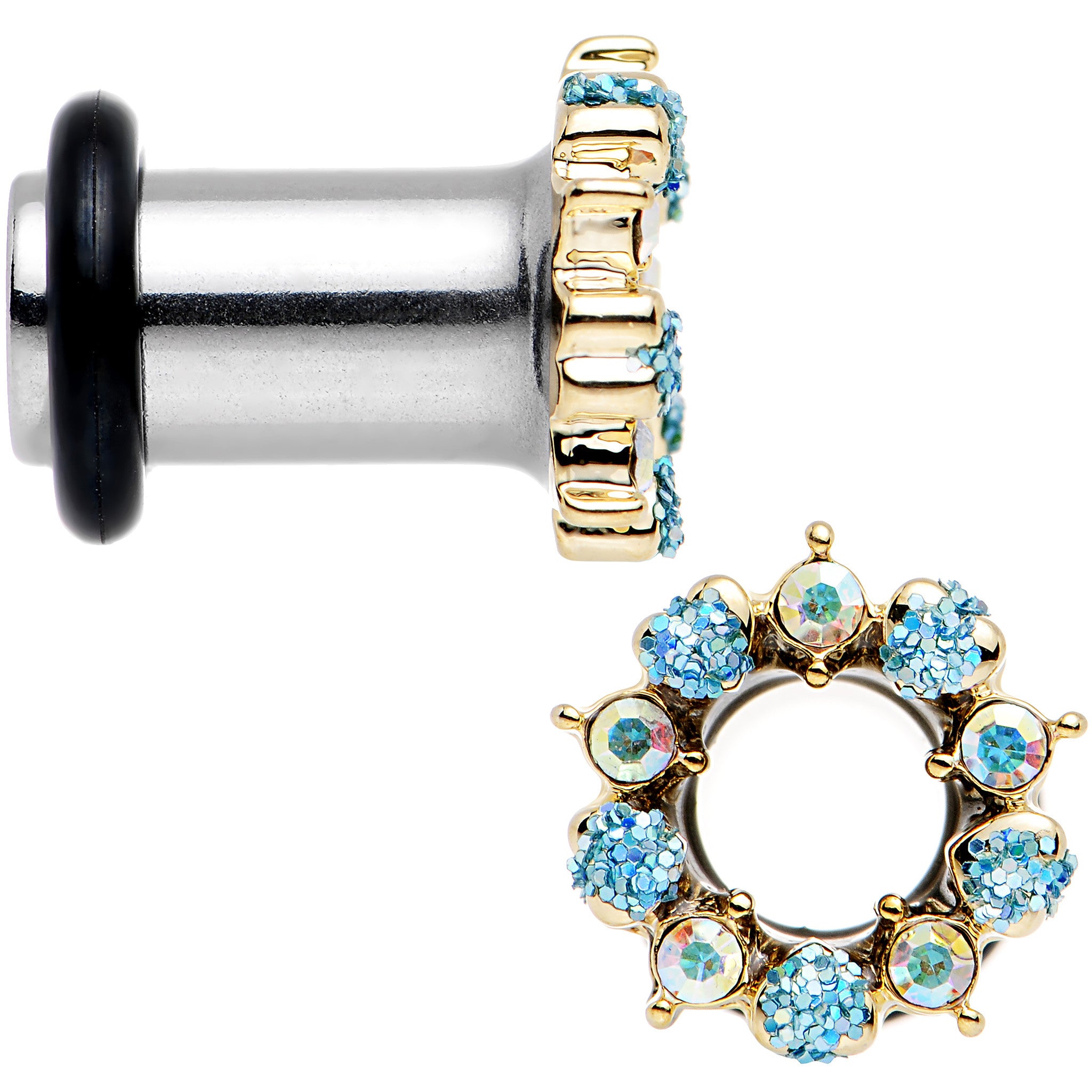 2 Gauge Aurora and Aqua Gem Heart Wreath Single Flare Tunnel Plug Set