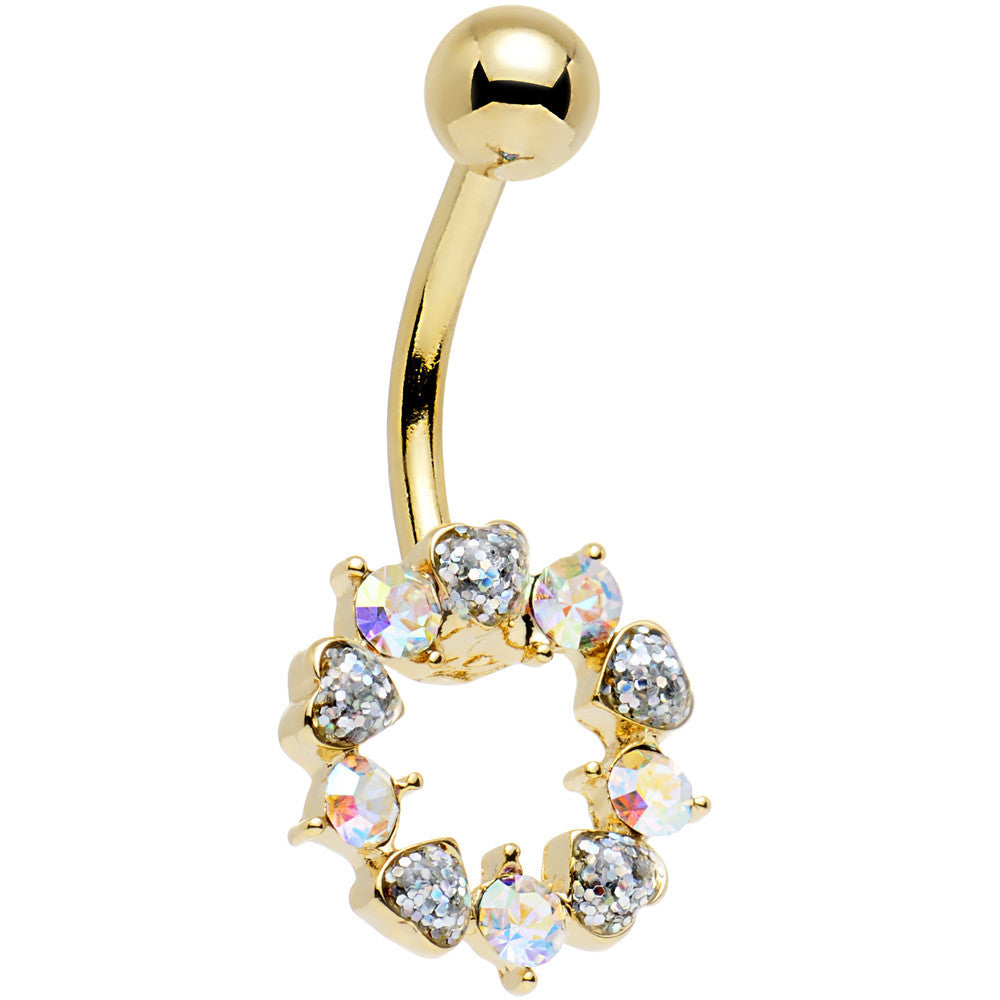 Clear and Aurora Gem Gold Plated Heart Wreath Ring Belly Ring