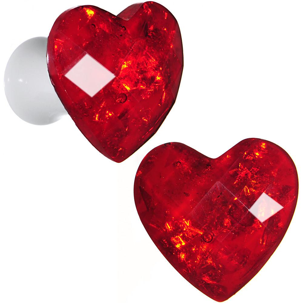 White Acrylic Red Faceted Valentine Heart Saddle Plug Set 2 Gauge to 26mm