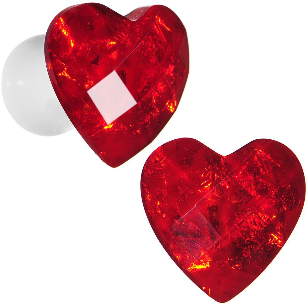 White Acrylic Red Faceted Valentine Heart Saddle Plug Set 2 Gauge to 26mm