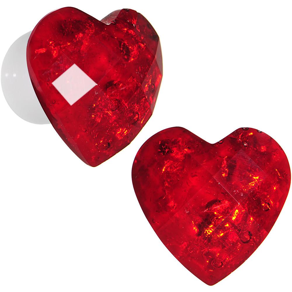 White Acrylic Red Faceted Valentine Heart Saddle Plug Set 2 Gauge to 26mm