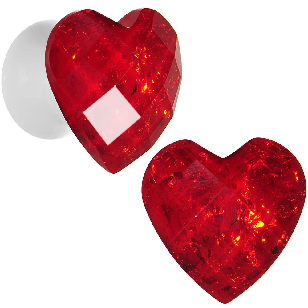 White Acrylic Red Faceted Valentine Heart Saddle Plug Set 2 Gauge to 26mm