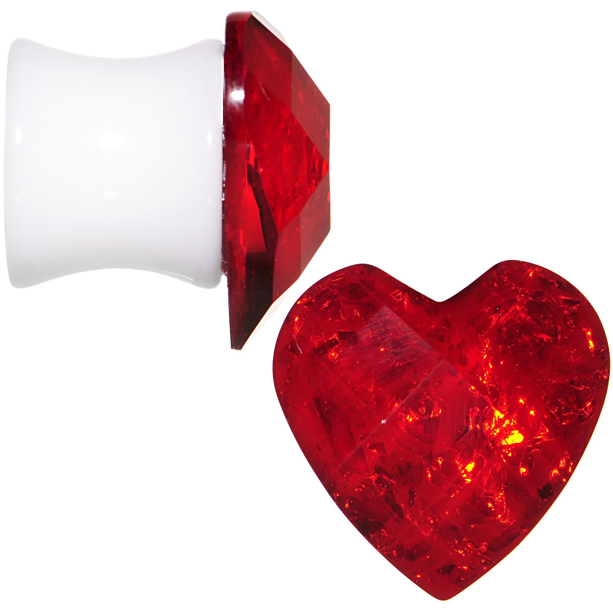 White Acrylic Red Faceted Valentine Heart Saddle Plug Set 2 Gauge to 26mm