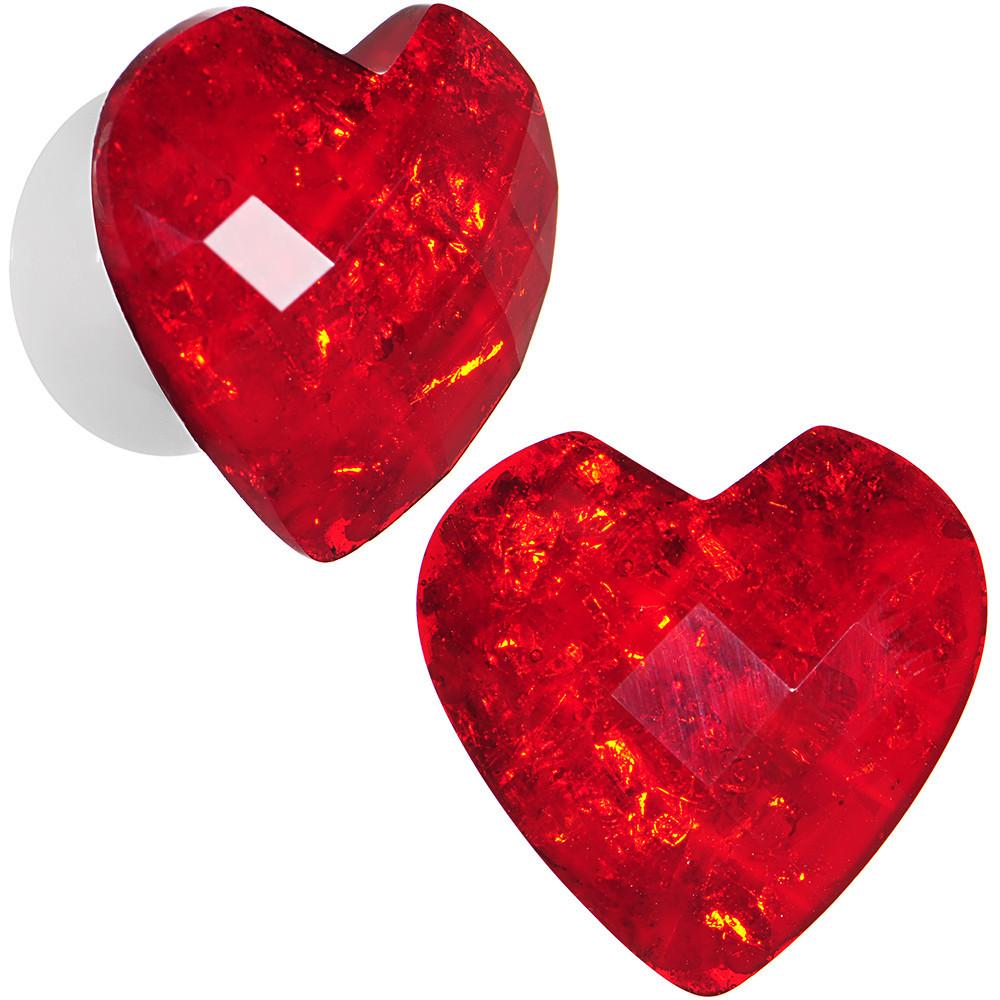 White Acrylic Red Faceted Valentine Heart Saddle Plug Set 2 Gauge to 26mm