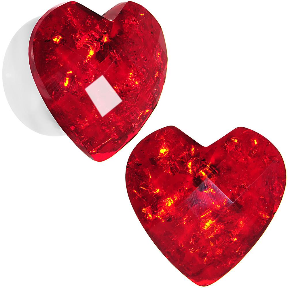 White Acrylic Red Faceted Valentine Heart Saddle Plug Set 2 Gauge to 26mm