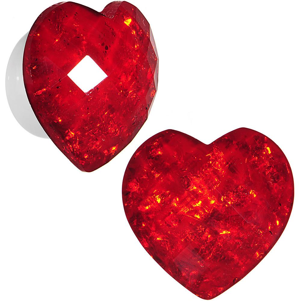 White Acrylic Red Faceted Valentine Heart Saddle Plug Set 2 Gauge to 26mm