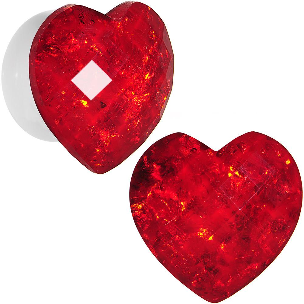 White Acrylic Red Faceted Valentine Heart Saddle Plug Set 2 Gauge to 26mm