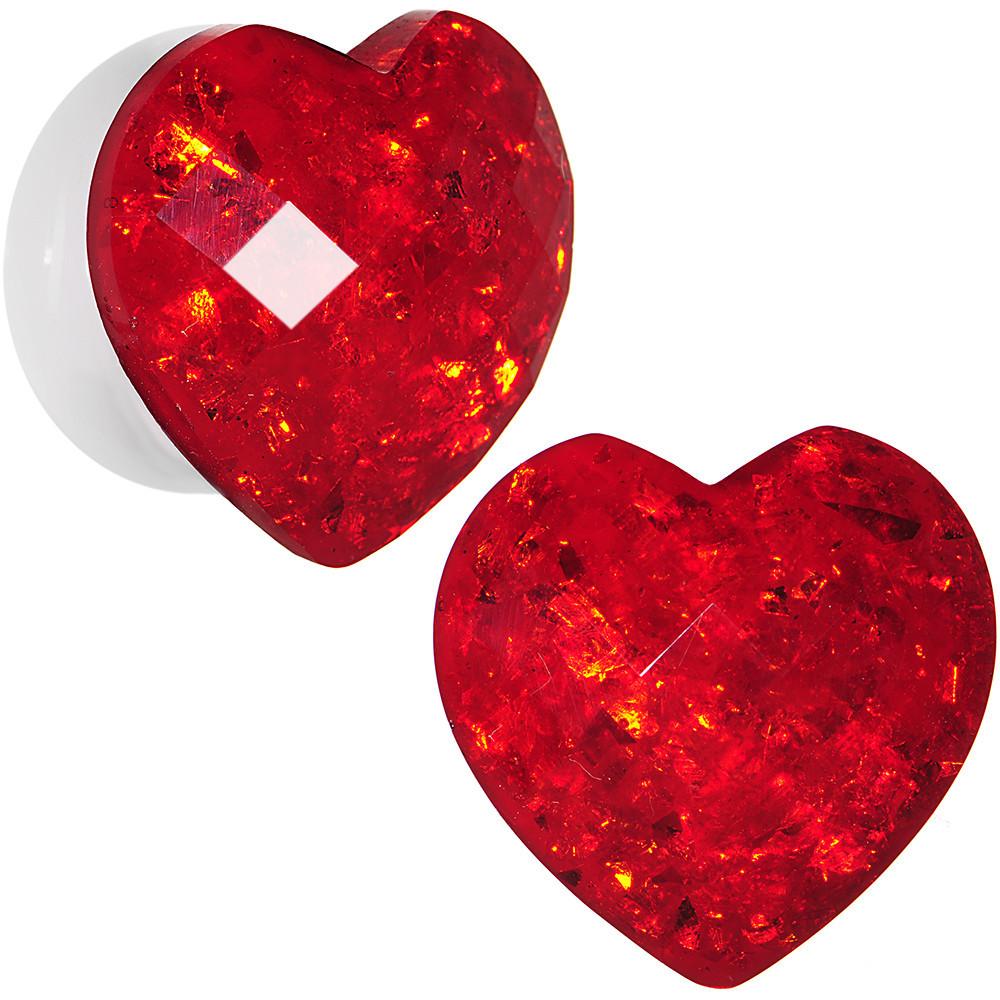 White Acrylic Red Faceted Valentine Heart Saddle Plug Set 2 Gauge to 26mm