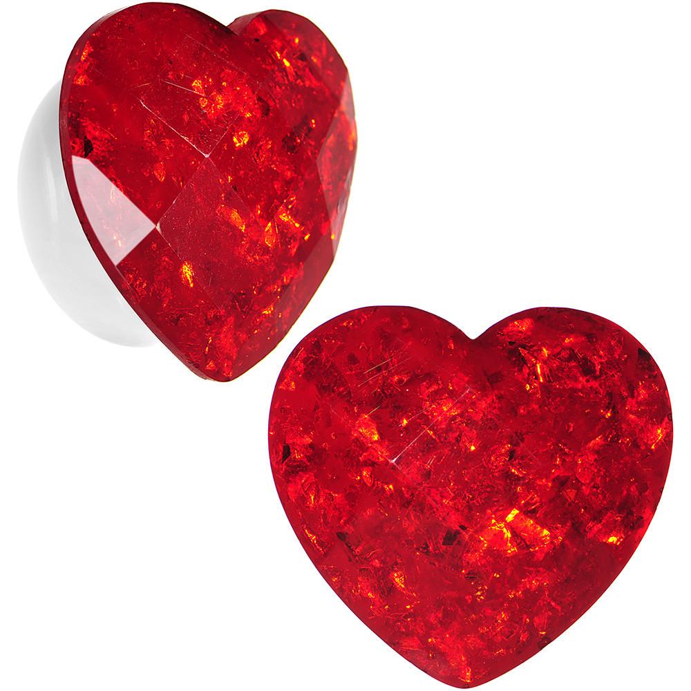 White Acrylic Red Faceted Valentine Heart Saddle Plug Set 2 Gauge to 26mm