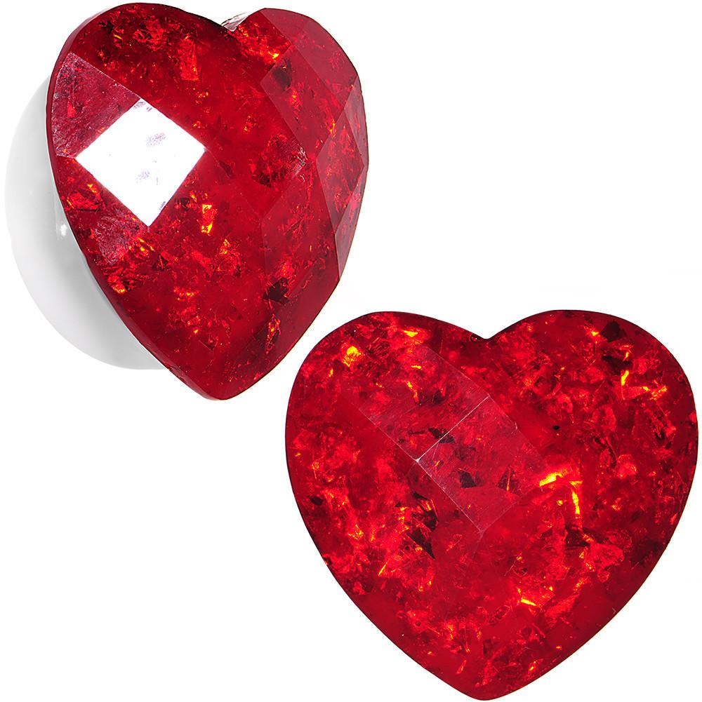 White Acrylic Red Faceted Valentine Heart Saddle Plug Set 2 Gauge to 26mm