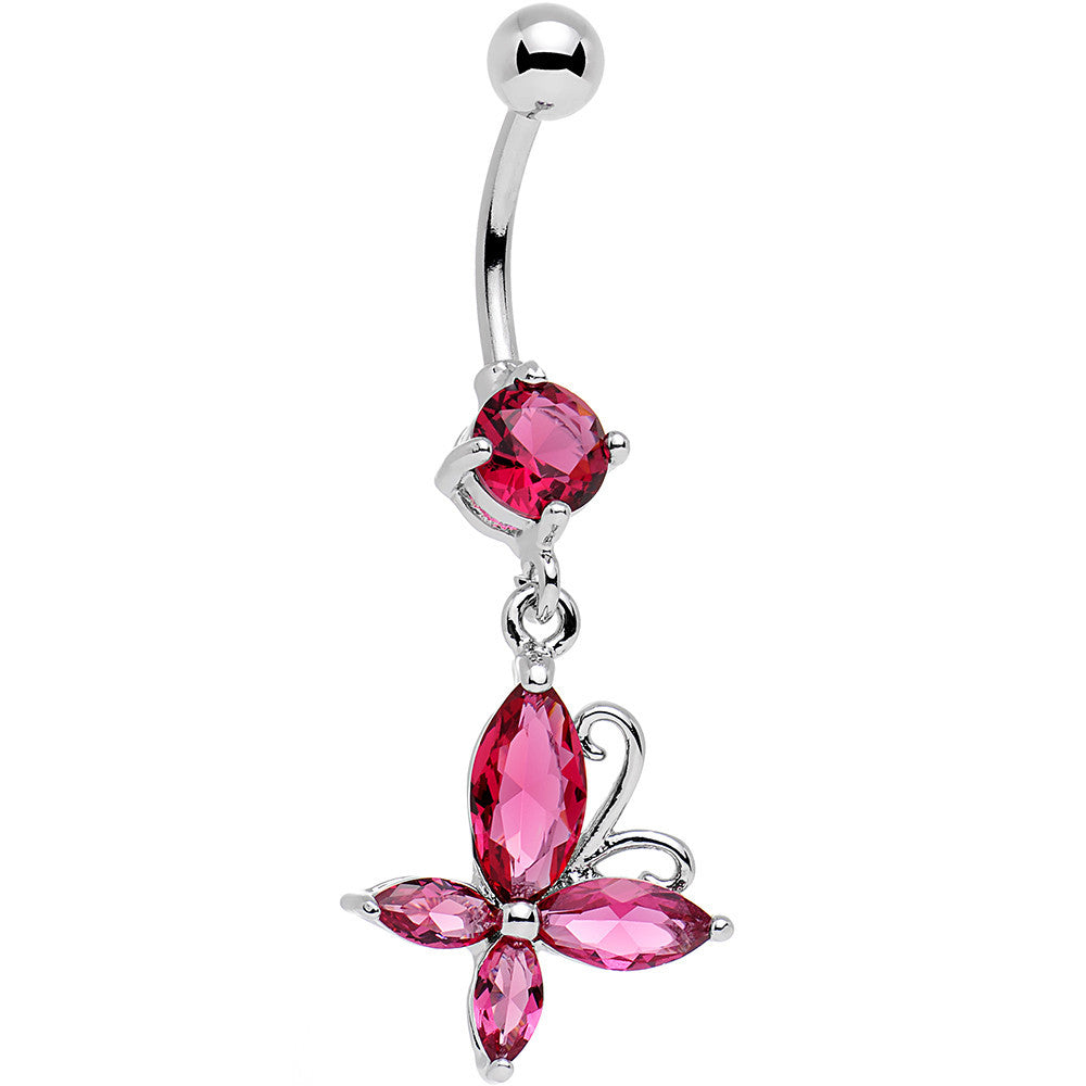 Pink Gem Butterfly Prong Set Dangle Belly Ring