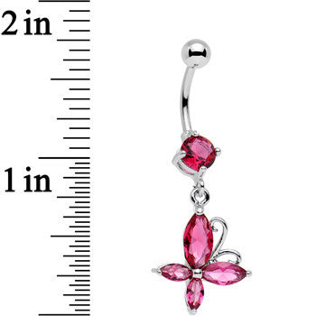 Pink Gem Butterfly Prong Set Dangle Belly Ring