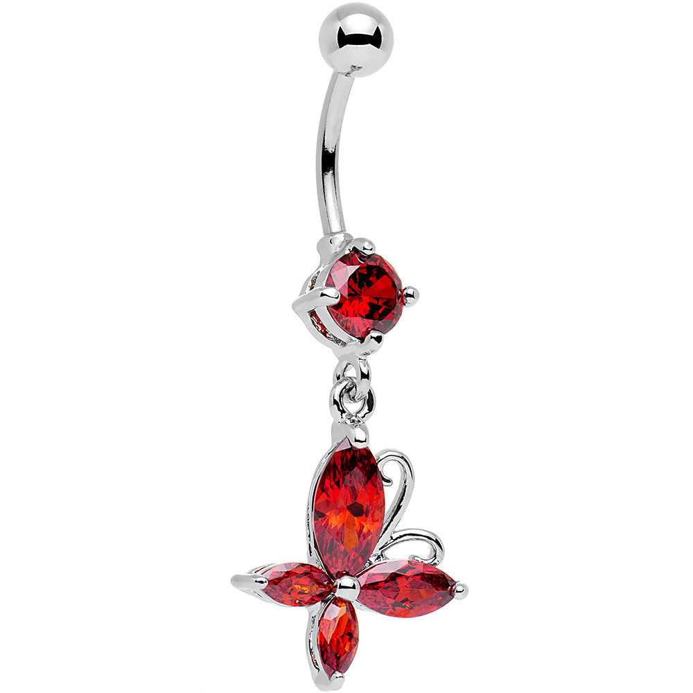 Red Gem Butterfly Prong Set Dangle Belly Ring