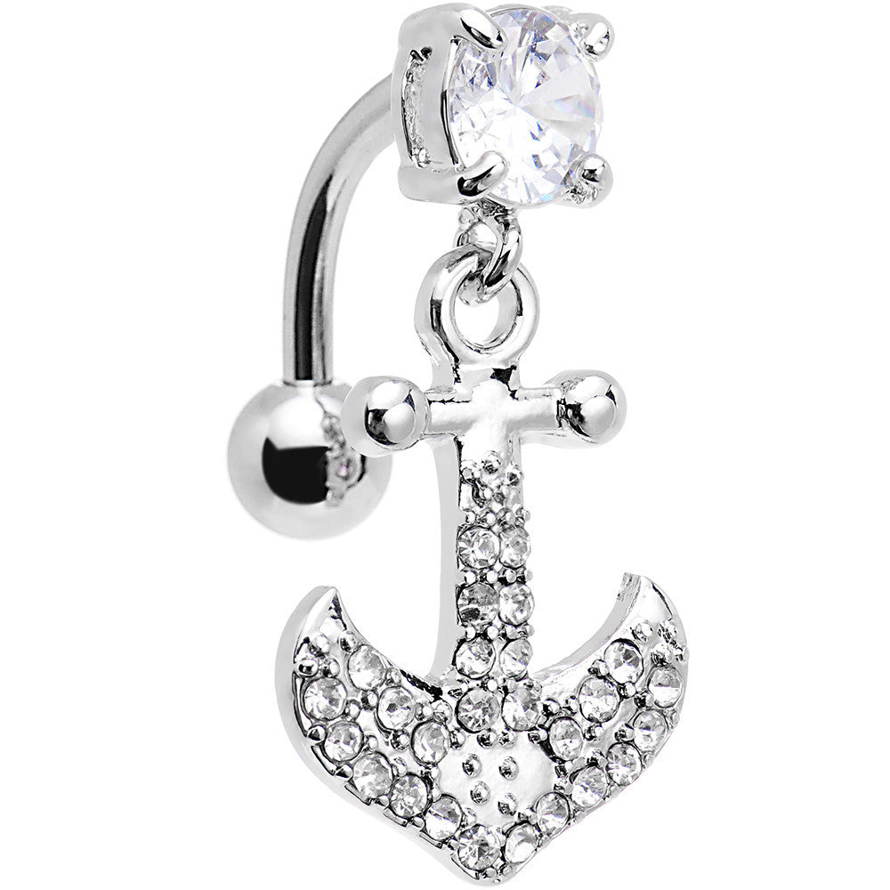 Clear Gem Paved Set My Sails Anchor Top Mount Dangle Belly Ring