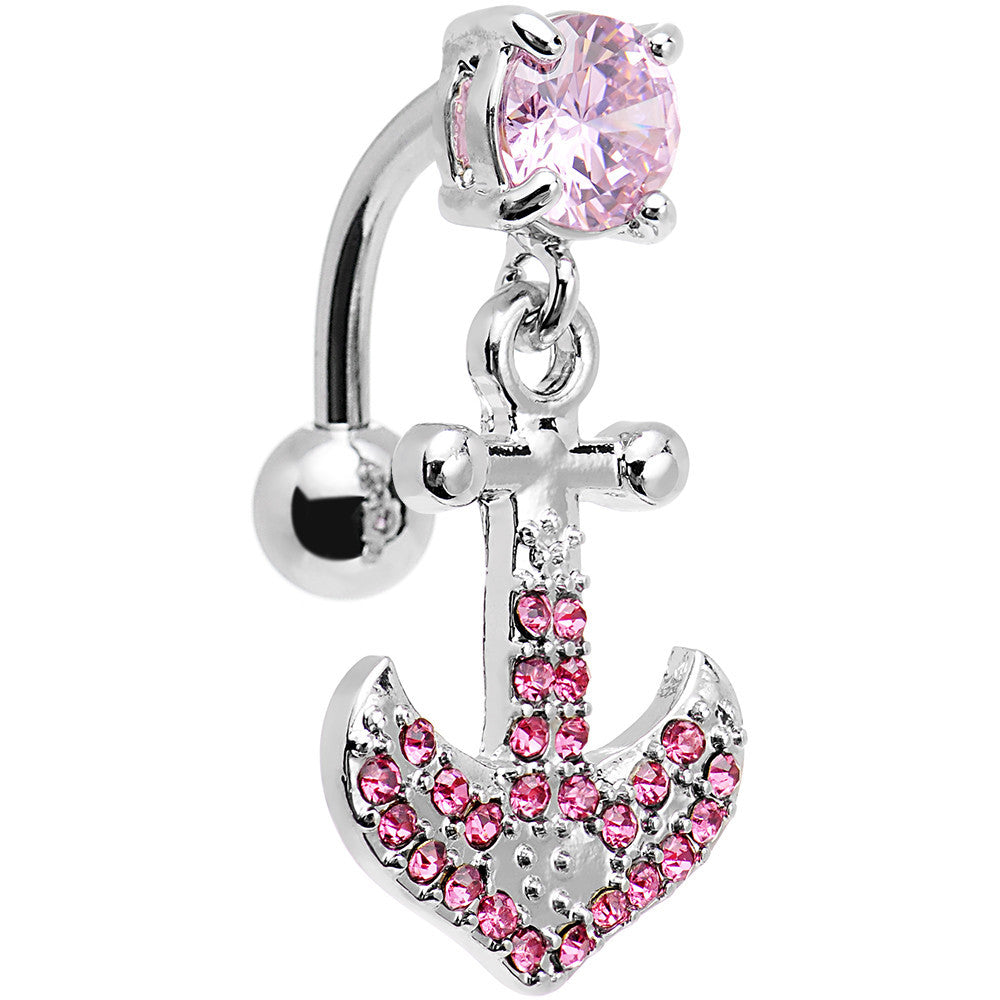 Pink Gem Paved Set My Sails Anchor Top Mount Dangle Belly Ring