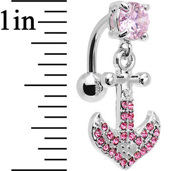 Pink Gem Paved Set My Sails Anchor Top Mount Dangle Belly Ring