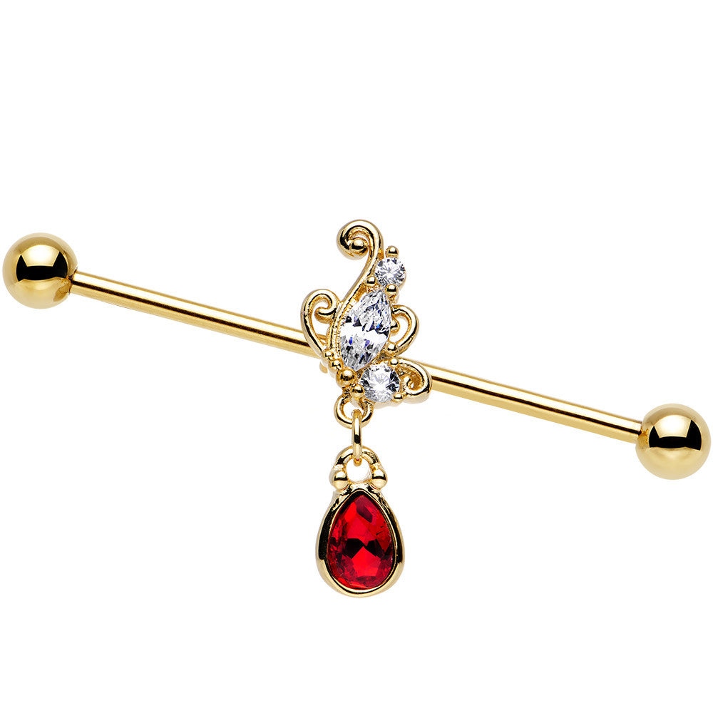 14 Gauge Clear CZ Red Gem Gold Anodized Dangle Industrial Barbell 38mm