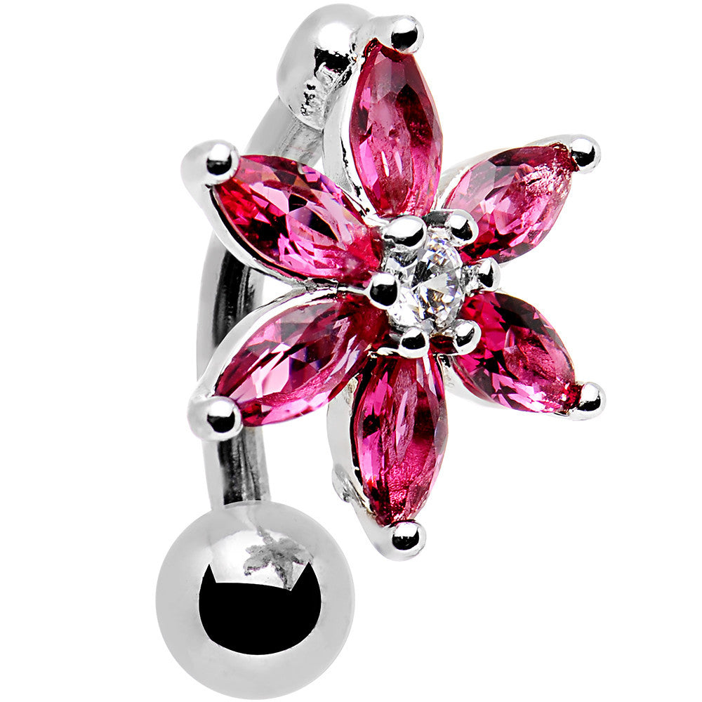 Clear Dark Pink Gem Flip Flower Reversible Top Mount Belly Ring