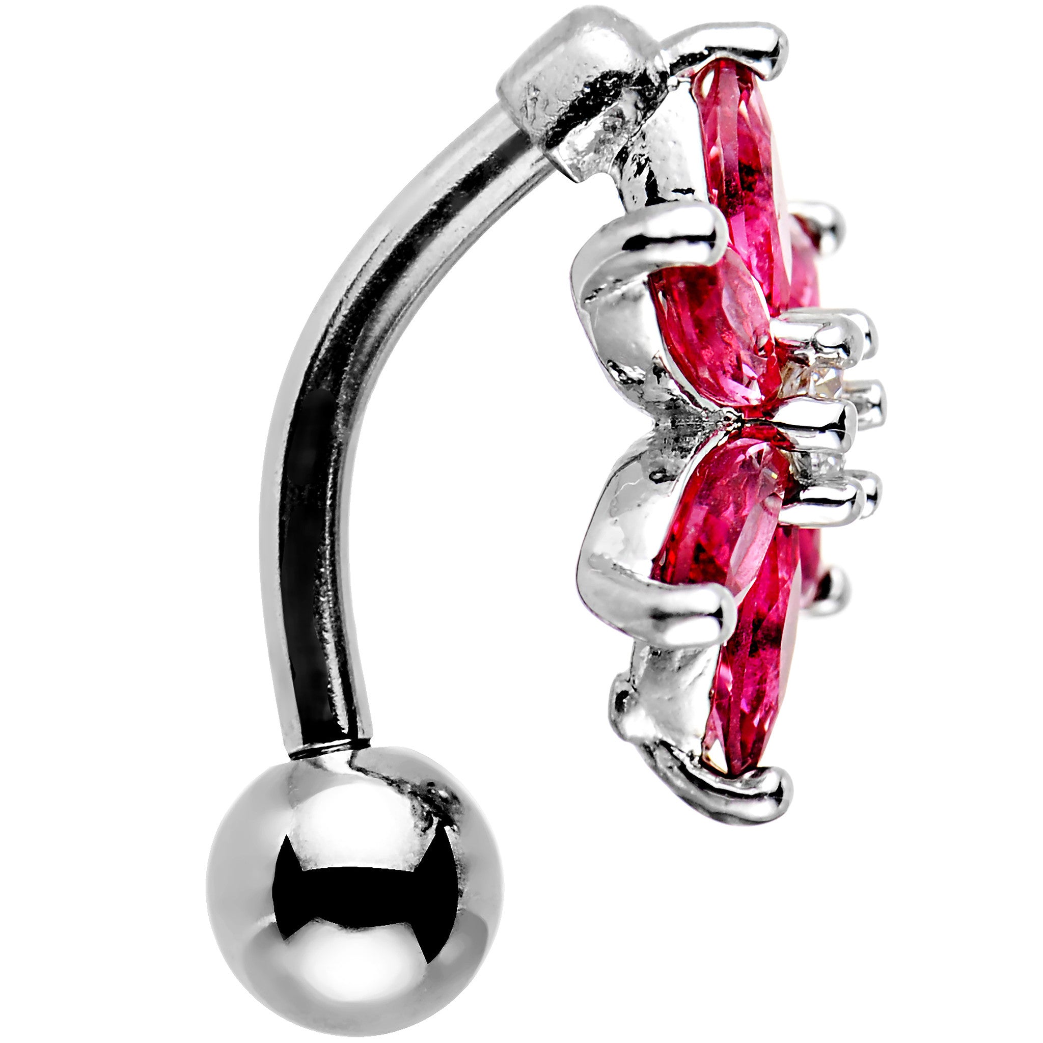 Clear Dark Pink Gem Flip Flower Reversible Top Mount Belly Ring