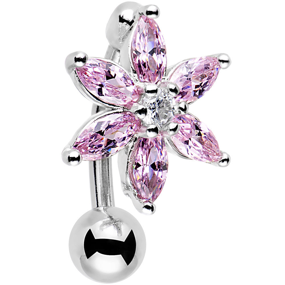 Pink Gem Lily Flower Top Mount Dangle Belly Ring