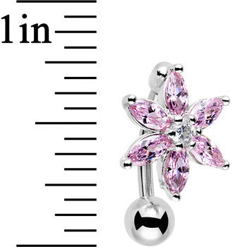 Pink Gem Lily Flower Top Mount Dangle Belly Ring