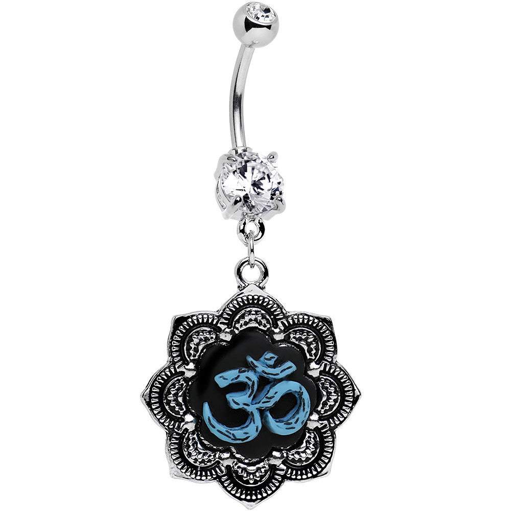 Clear Gem Lotus Flower Blue Ohm Belly Ring Created with Crystals