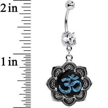 Clear Gem Lotus Flower Blue Ohm Belly Ring Created with Crystals