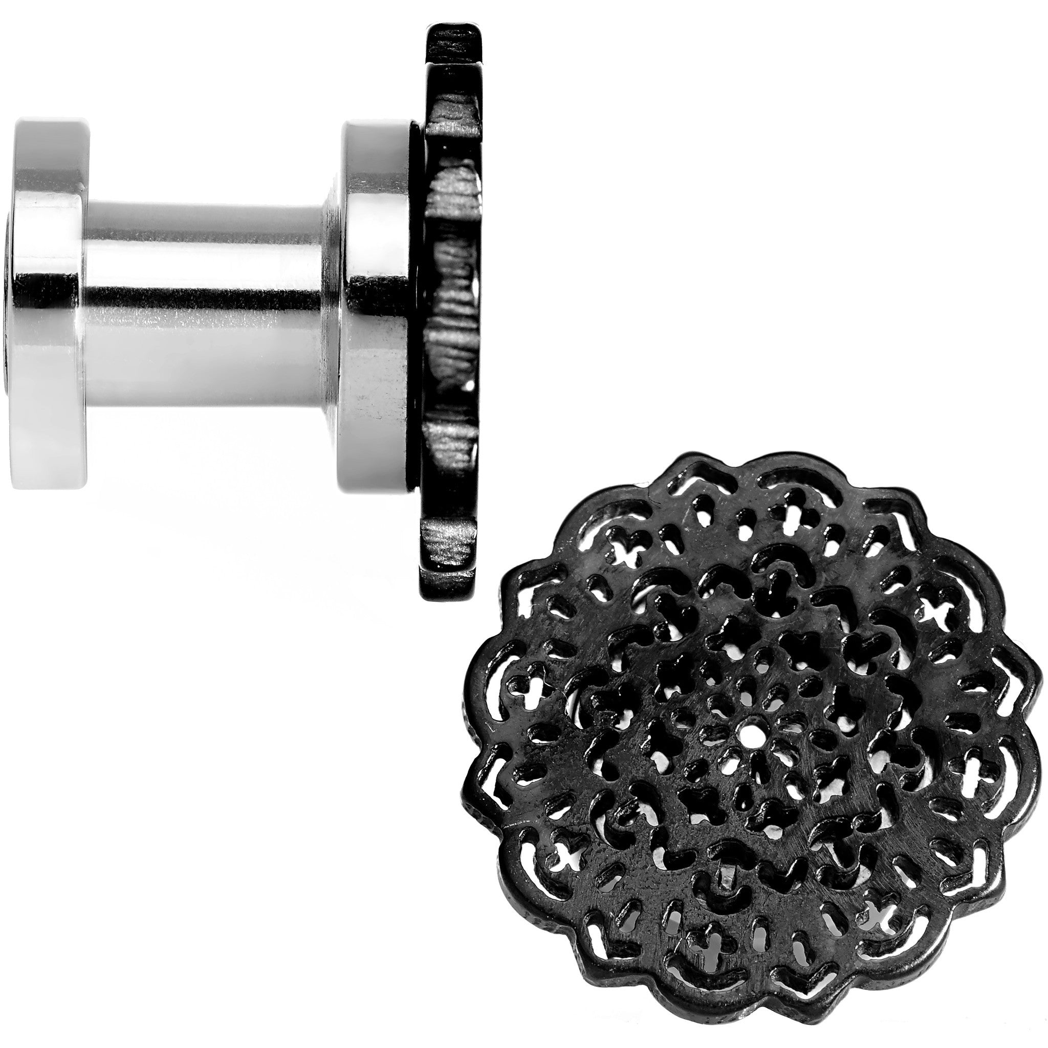 4 Gauge Stainless Steel Black IP Lotus Flower Screw Fit Double Flare Plug Set