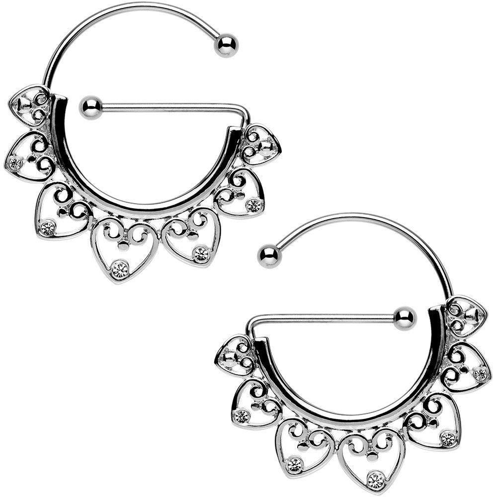 Clear Gem Stainless Steel Filigree Heart Universal Nipple Ring Set