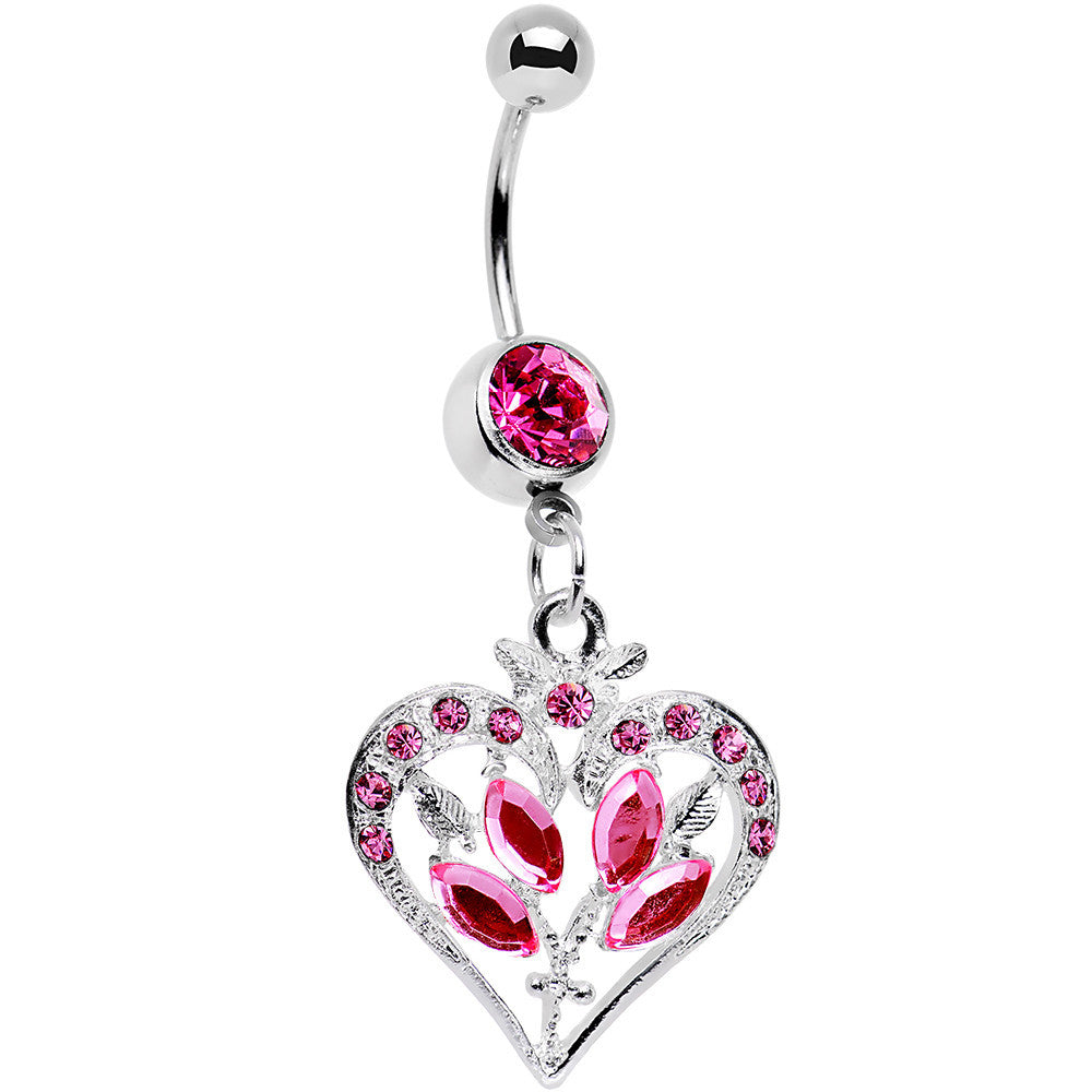 Pink Gem Framework Heart and Flower Dangle Belly Ring