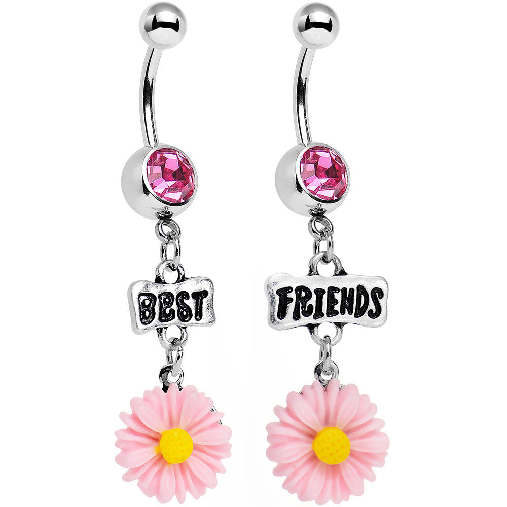 Pink Gem Best Friends Pink Flower Dangle Belly Ring Set