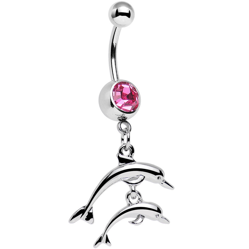 Pink Gem Diving Duo of Dolphins Dangle Belly Ring