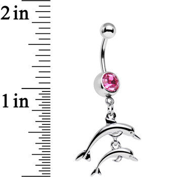 Pink Gem Diving Duo of Dolphins Dangle Belly Ring