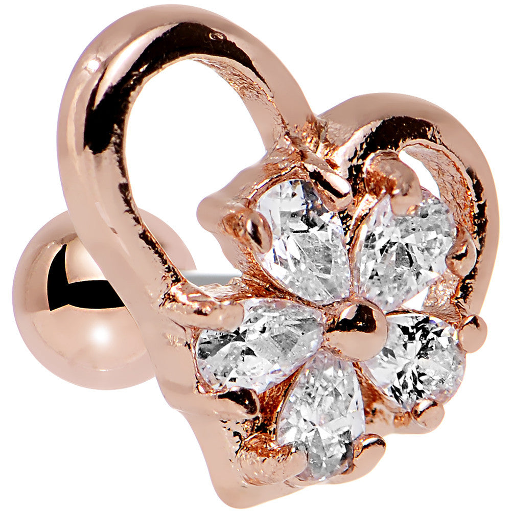 Clear CZ Rose Gold Plated Heart Cartilage Earring 16 Gauge 1/4