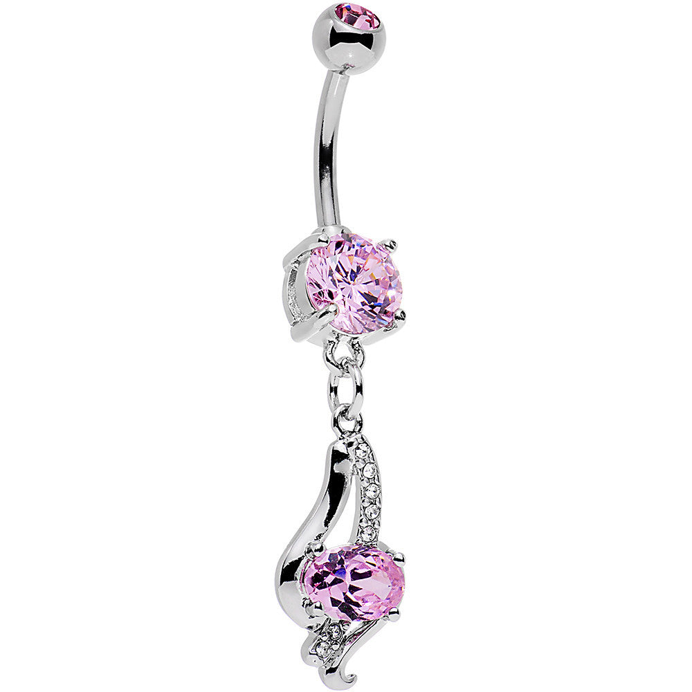 Pink CZ Gem Dramatic Deco Twist Dangle Belly Ring