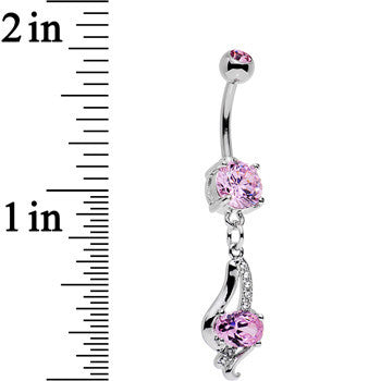 Pink CZ Gem Dramatic Deco Twist Dangle Belly Ring