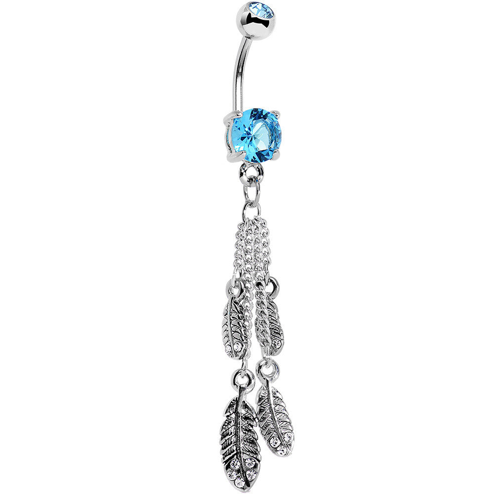 Clear Brilliant Blue CZ Gems Fluttering Feathers Dangle Belly Ring