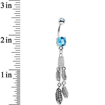 Clear Brilliant Blue CZ Gems Fluttering Feathers Dangle Belly Ring