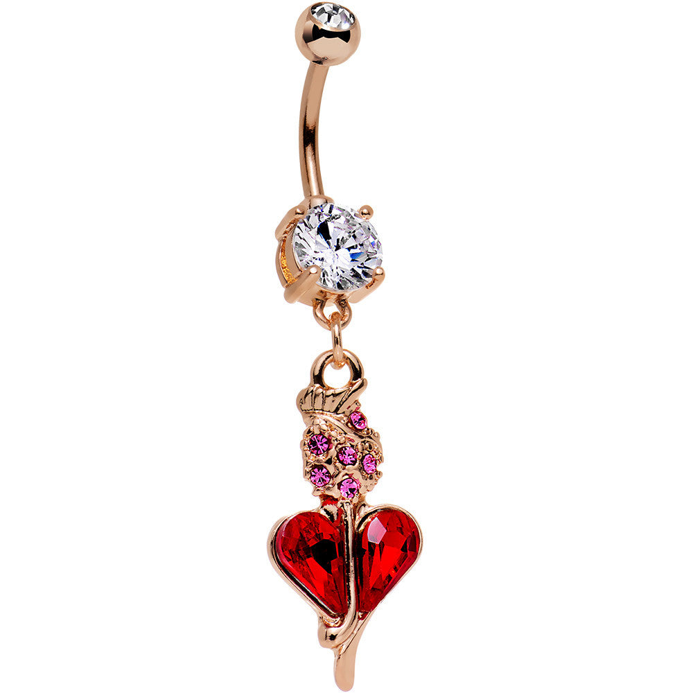 Clear Purple Red Gem Rose Gold Anodized Heart Rose Dangle Belly Ring