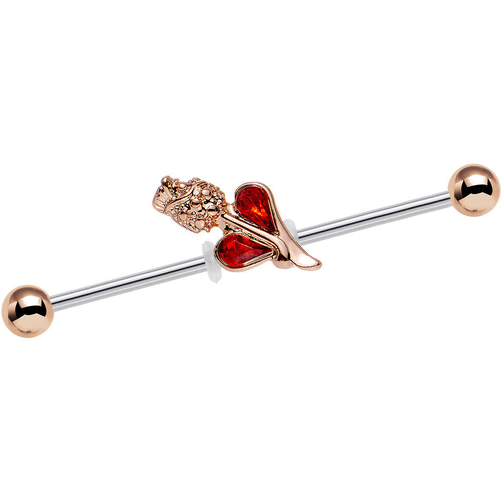 14 Gauge Clear Red Gem Rosy Hue Heart and Rose Flower Industrial Barbell 38mm