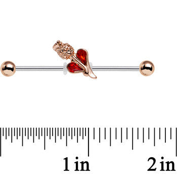 14 Gauge Clear Red Gem Rosy Hue Heart and Rose Flower Industrial Barbell 38mm