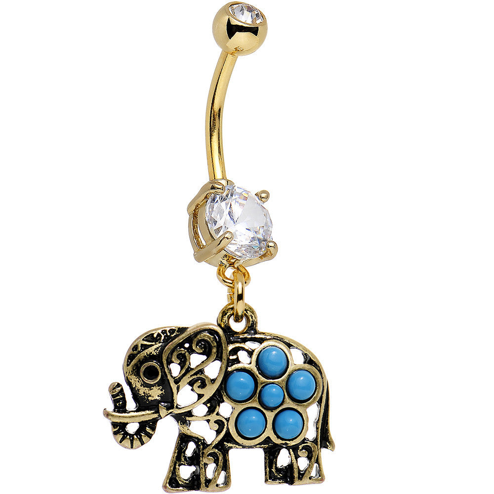 Clear Gem Faux Turquoise Gold Anodized Elephant Dangle Belly Ring