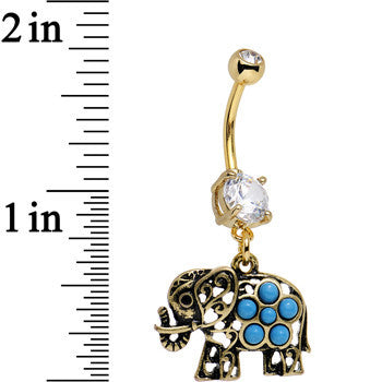 Clear Gem Faux Turquoise Gold Anodized Elephant Dangle Belly Ring