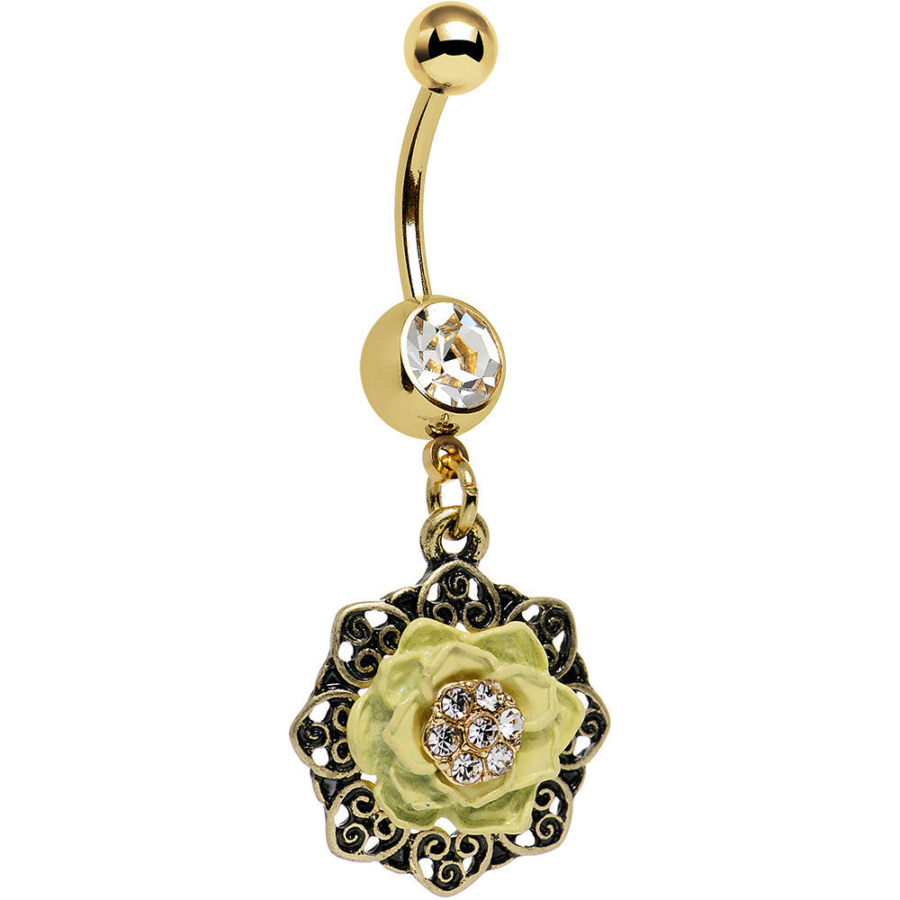 Clear Gem Gold Anodized Lovely Yellow Lotus Flower Dangle Belly Ring