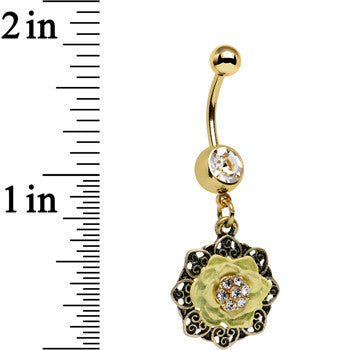 Clear Gem Gold Anodized Lovely Yellow Lotus Flower Dangle Belly Ring