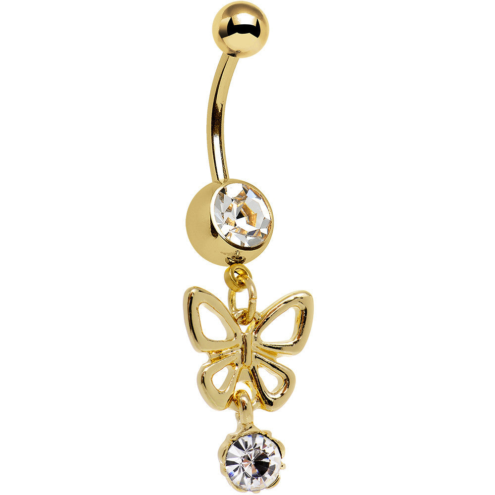 Clear Gem Gold Plated Breathtaking Butterfly Dangle Belly Ring