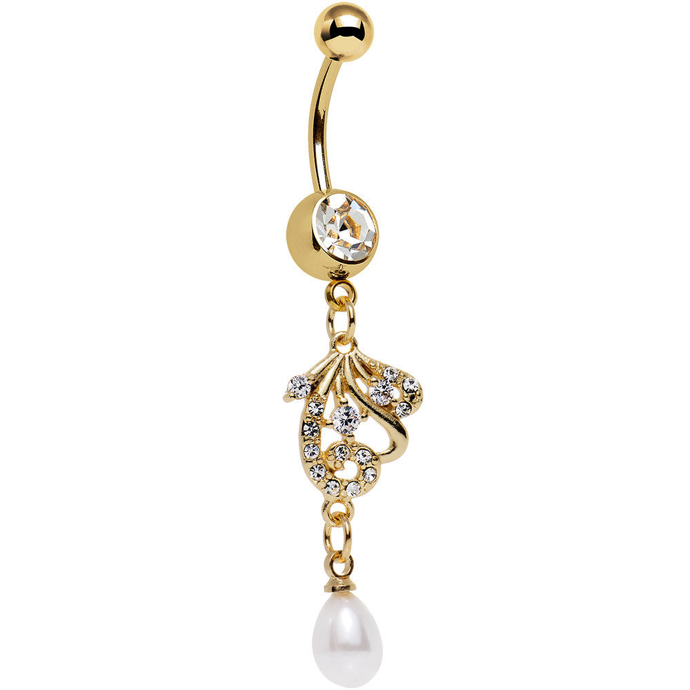 Clear Gem White Orb Gold Plated Delicately Deco Dangle Belly Ring