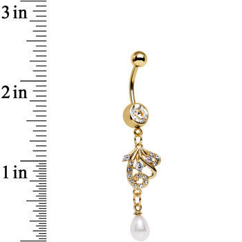 Clear Gem White Orb Gold Plated Delicately Deco Dangle Belly Ring